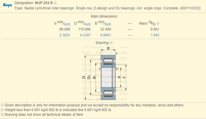 Κυλινδρικό ρουλεμάν κυλίνδρων σχεδίου NUP212R Ε με το δαχτυλίδι 60 × 110 × στάσεων 22 χιλ. 0