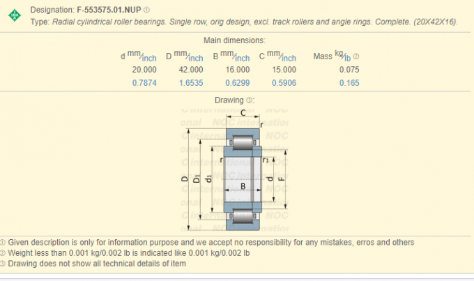 Φ -553575,01 κυλινδρικός φέρων κατάλογος 20 × 42 × μηχανών εκτύπωσης ρουλεμάν κυλίνδρων 16 χιλ. 0