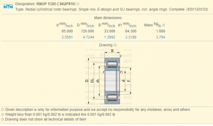 E- Σχέδιο RNUP 1325 κυλινδρικό ρουλεμάν κυλίνδρων CS62PX1U 65 X 120 X 33mm 0